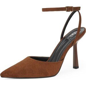 👑Close Toe Ankle Strap Women Brown Heel Pointed Toe Stiletto Pump Wedding Shoes